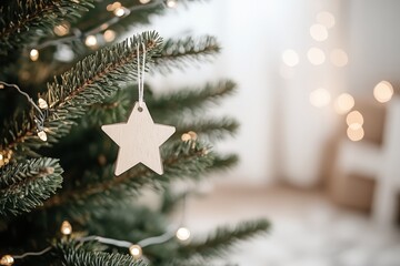 Étoile en bois suspendue à un sapin avec guirlande lumineuse