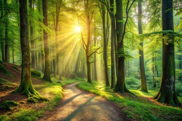 Obraz premium Serene And Tranquil Forest Landscape With Towering Trees, Dappled Sunlight, And A Winding Path Leading Into The Verdant Depths.