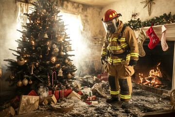 Firefighter inspecting aftermath of Christmas tree fire in decorated room with stockings and gifts....