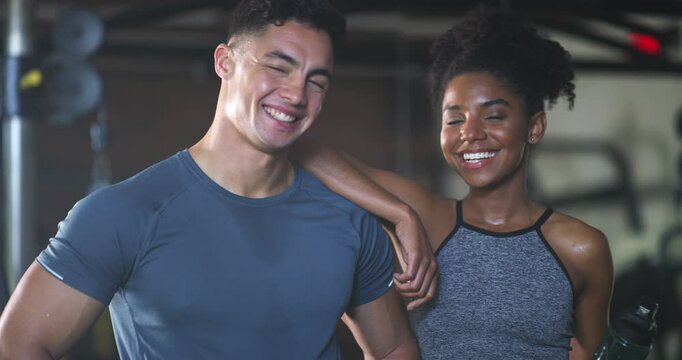 Happy, face and fitness couple at gym for training, support or exercise motivation, smile or positive mindset. Health, portrait and woman with personal trainer at sports studio for wellness workout