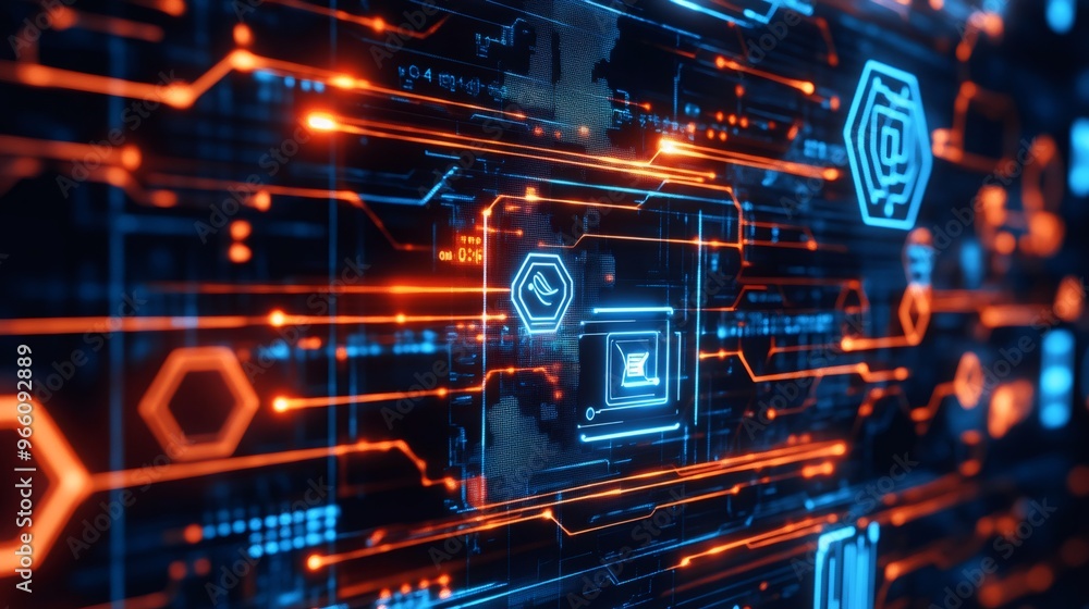 Poster abstract digital interface with glowing blue and orange lines and icons on a dark background.