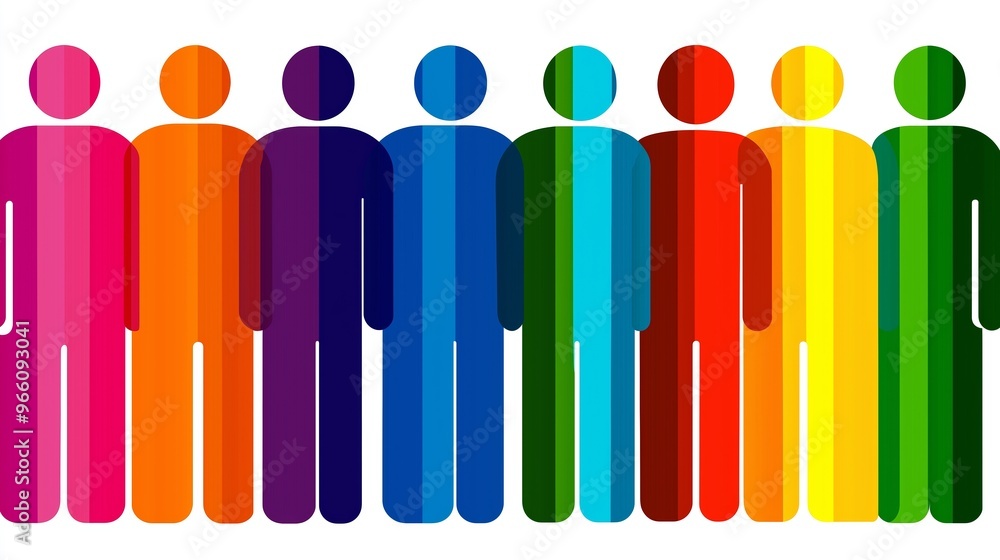 Poster a group of people are standing in a line, each with a different color. concept of unity and diversit
