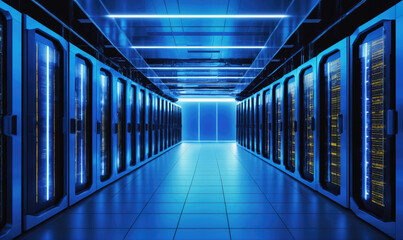A long hallway in a server room with rows of server racks lit by blue lights