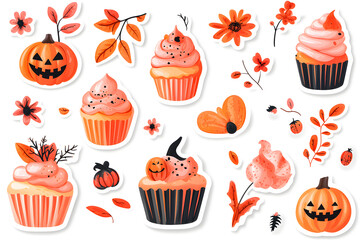 Halloween theme cute stickers collection  featuring pumpkins, apples, and leaves