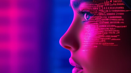 A woman's face is shown with a computer code on it. The image has a futuristic and technological vibe, with the woman's face being the main focus. The code on her face is complex and intricate