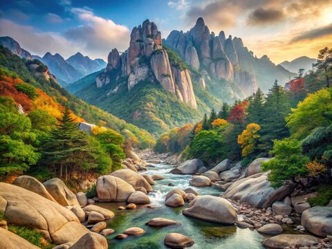 Serene mist-shrouded Seoraksan National Park landscape featuring rugged granite peaks, ancient forests, and meandering streams in South Korea's majestic Taebaek Mountains.