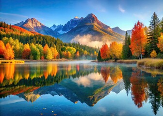 Obraz premium Serene morning landscape featuring a tranquil lake reflecting vibrant autumn foliage, surrounded by majestic mountains and lush greenery under a soft blue sky.