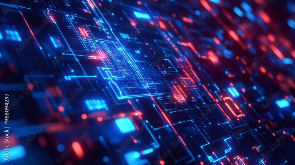 Poster abstract digital network background with glowing blue and red lines and nodes.