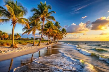 Fototapeta premium Serene morning scene of tranquil waves gently lapping the shoreline, with palm trees swaying in the breeze on a sunny Florida coastal beach.
