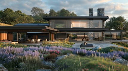 Modern house with large windows and stone accents set in a lush garden with colorful flowers and greenery