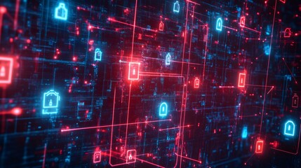 Obraz premium Abstract digital network background with glowing lines and lock icons in red and blue.