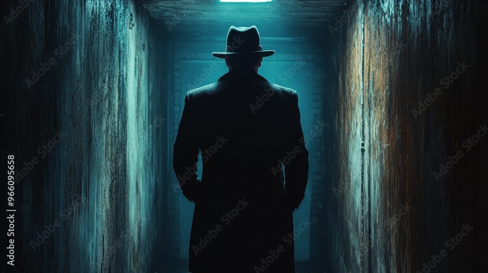 Wall mural A man in a hat stands in a dark tunnel