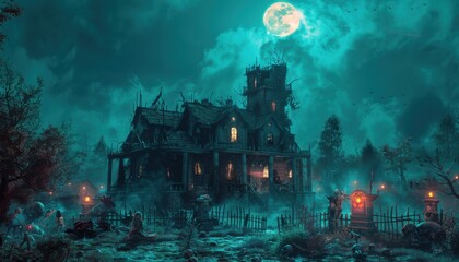 Fototapeta premium Eerie haunted house under full moon with spooky atmosphere and glowing windows, surrounded by fog and dark trees, perfect for Halloween theme.