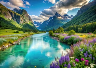 Serenene turquoise river flows gently through a lush green valley surrounded by towering mountains and vibrant wildflowers in Norway's peaceful countryside landscape.