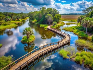 Fototapeta premium Serenene wildlife reserve with winding boardwalks and lush vegetation surrounded by tranquil lakes and marshes in a natural Florida habitat setting.