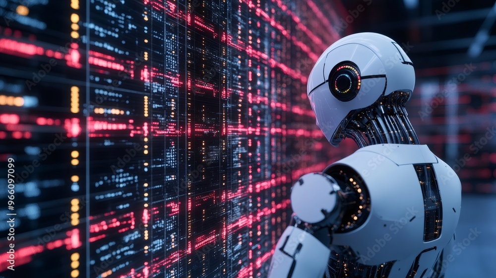 Poster futuristic robot standing in front of a digital wall with glowing red lines.