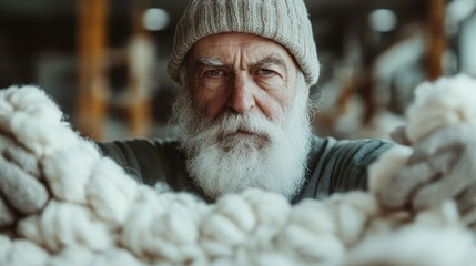 An old man with a long beard and wearing a knit cap is deeply focused on crafting with wool, representing dedication, craftsmanship, and the timeless art of knitting.