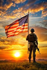 A Brave Soldier Standing Proudly with the USA Flag Against a Stunning Sunrise Background for Memorial Events and Patriotism Celebrations