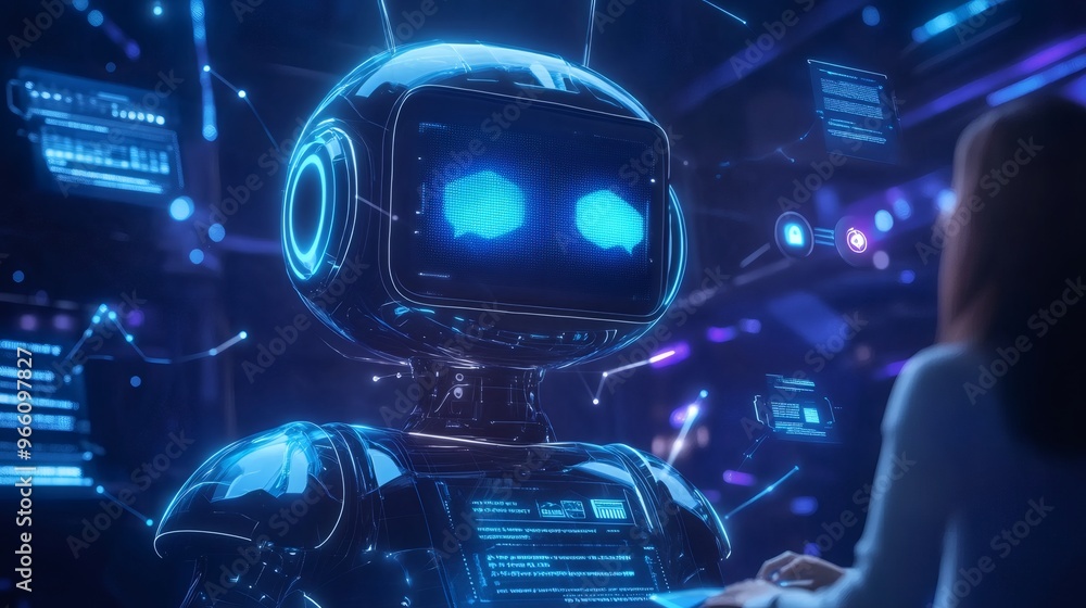 Poster futuristic robot with glowing blue light and a speech bubble on the screen, interacting with a perso