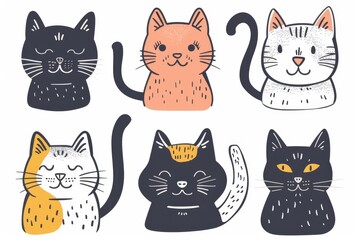 Cute Cats Set, Pet Animal Symbols, Hand Drawn Cat Icons Silhouettes, Funny Kitten Character Drawings