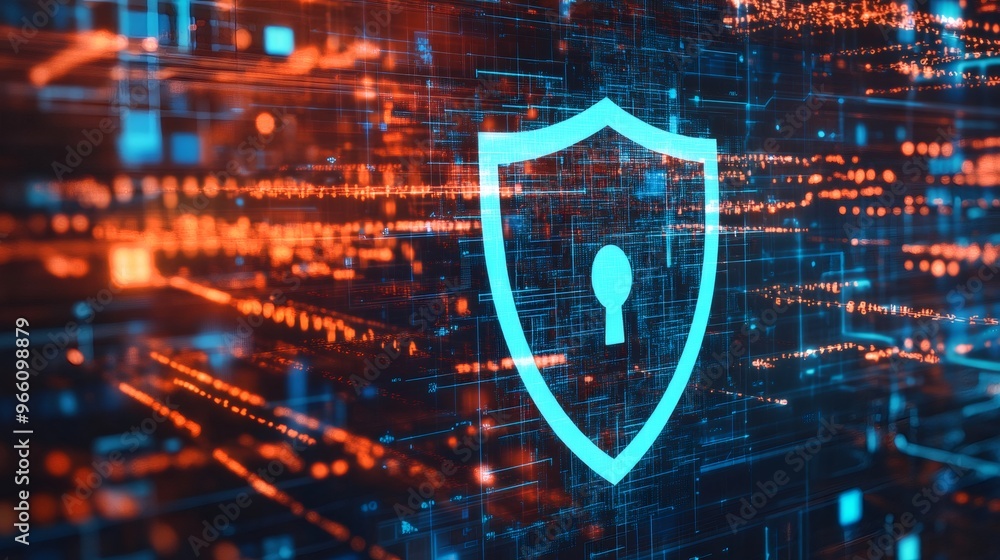 Poster abstract digital shield icon with a glowing keyhole on a dark digital background.