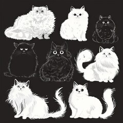 Cute Cats Set, Pet Animal Symbols, Hand Drawn Cat Icons Silhouettes, Funny Kitten Character Drawings