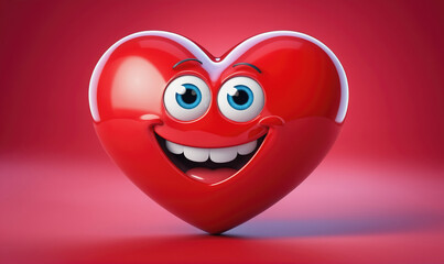 A red heart with a big smile and wide eyes is displayed against a red background