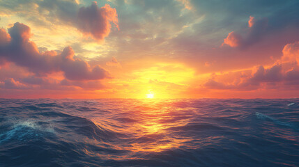 sun setting over a vast ocean creating a golden path of light Colourful wave peaking into a flare with sunrise storm Beautiful sunrise over the sea, Generative AI