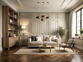 A stylishly furnished, minimalist mock-up room with cream-colored walls, dark wood flooring, and carefully placed