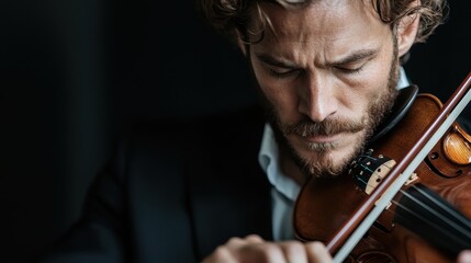 A musician deeply focused while playing the violin, dressed in a dark suit, capturing the essence...