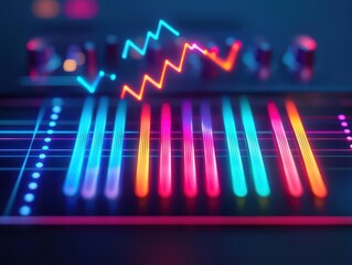 Fototapeta premium Abstract synthesizer, glowing keys, and colorful melody lines floating upward, futuristic vibe