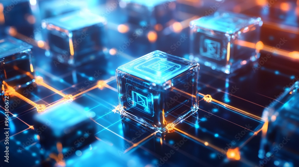 Poster abstract futuristic design with transparent cubes connected by lines on a dark background.
