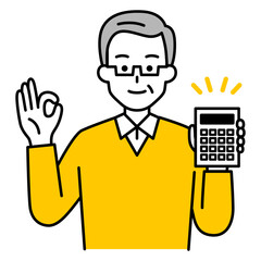 電卓を持ってOKサインをする年配の男性