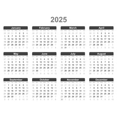 calendar 2025 year week starts sunday vertical template in simple minimal design vector illustration with white background