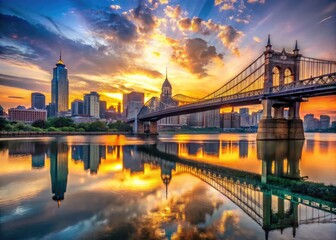 Sunset casts a warm glow on the Ohio River, with the city skyline and historic Roebling Suspension Bridge reflected in the calm water.