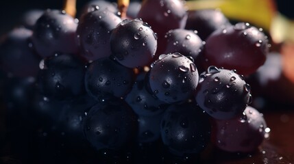 Purple grapes close-up in water droplets. Grape berries in selective focus. Neural network ai generated art