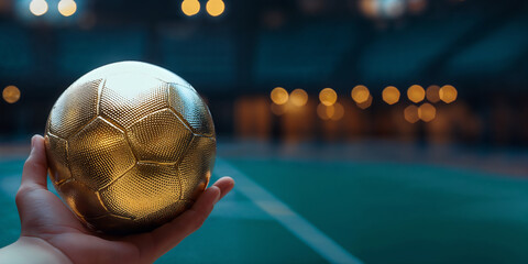 Golden Handball Held Aloft in an Indoor Sports Arena with Copy Space. Celebrating the Triumph of the Championship Winners Concept.