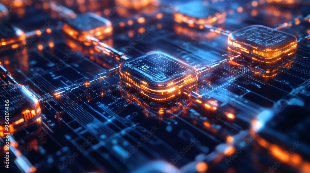 Poster abstract futuristic technology background with glowing lights and circuit board design.