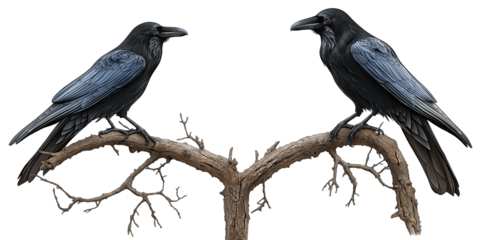 A detailed digital illustration of two black crows perched on the branches of a dead tree, isolated on a transparent background. 
