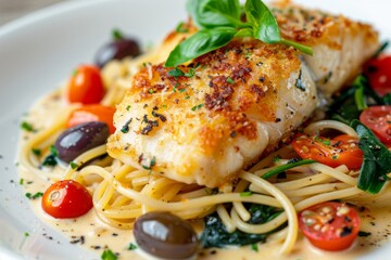 Fried Sea Cod Fillet with Spaghetti on White Restaurant Plate, Breaded Atlantic Codfish Filet