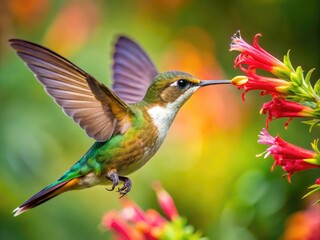 Fototapeta premium Tiny, Vibrant Hummingbird Hovers Close To A Flower'S Bloom, Its Long Beak Inserted Into The Blossom'S Nectar-Rich Center, Capturing A Close-Up View Of The Bird'S Graceful Feeding Motion.