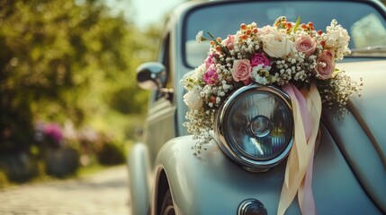 Naklejka premium A vintage car adorned with a floral bouquet, symbolizing romance and celebration, likely for a wedding.