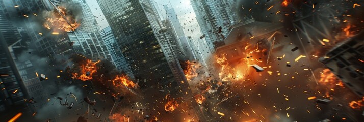 Obraz premium Collapsing Skyscrapers, Apocalyptic Scene, Fire Explosions in Modern City Center, Bomb Destruction