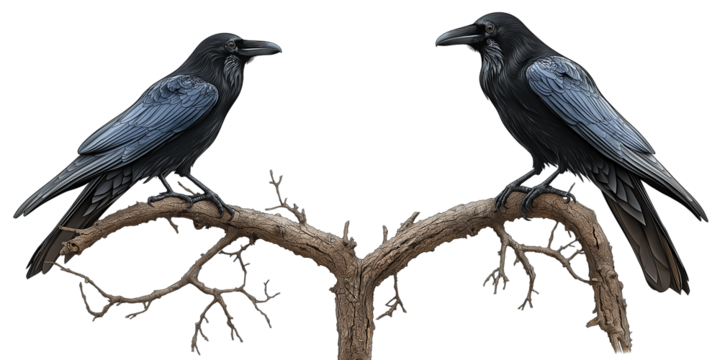 A detailed digital illustration of two black crows perched on the branches of a dead tree, isolated on a transparent background. 