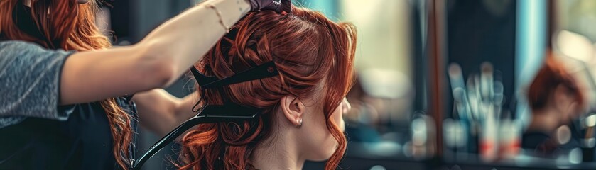 Hairdresser styling a woman's red hair in a salon with mirrors and styling tools in the background, showcasing a professional hair care setting.