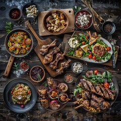 Fototapeta premium Oriental Food Collection, East Europe Dishes with Grilled Lamb Chops with Sauce, Duck Breast Salad
