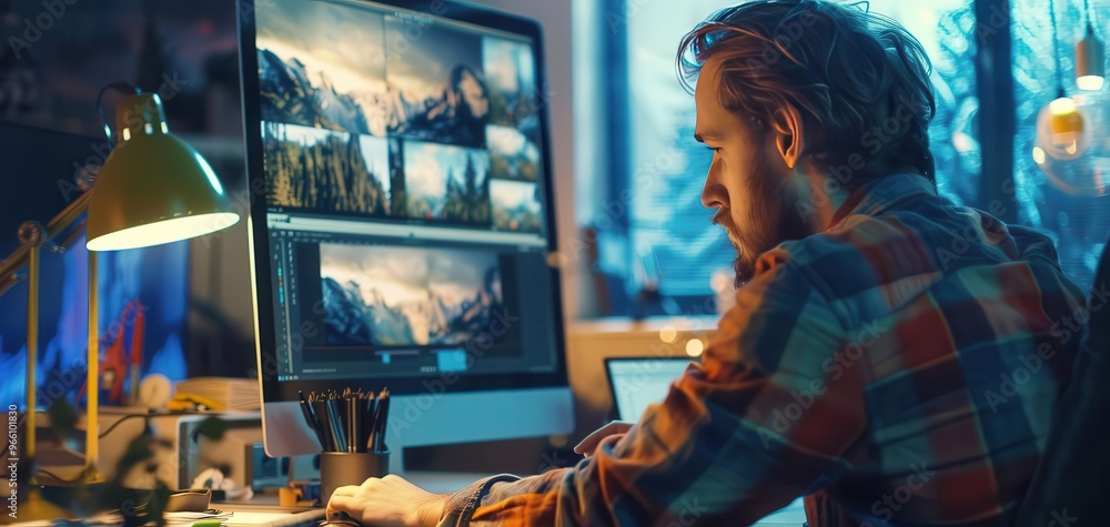 Poster creative professional working on video editing software in a modern studio environment with high-tec