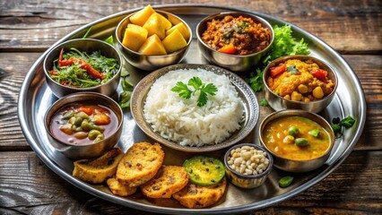 Traditional Nepali Cuisine Presented On A Plate, With Typical Dishes Such As Dal Bhat, Tarkari, And Aloo Tama.