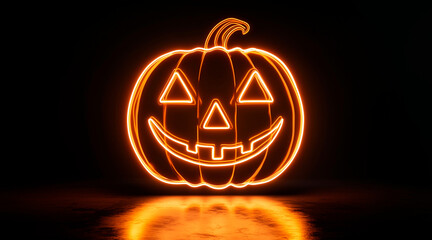 A glowing neon sign in the shape and design of an evil jack-o'-lantern with blankspace on a black background, a Halloween pumpkin face, a Halloween concept, a glowing light effect