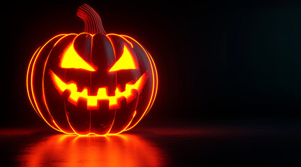 A glowing neon sign in the shape and design of an evil jack-o'-lantern with blankspace on a black background, a Halloween pumpkin face, a Halloween concept, a glowing light effect